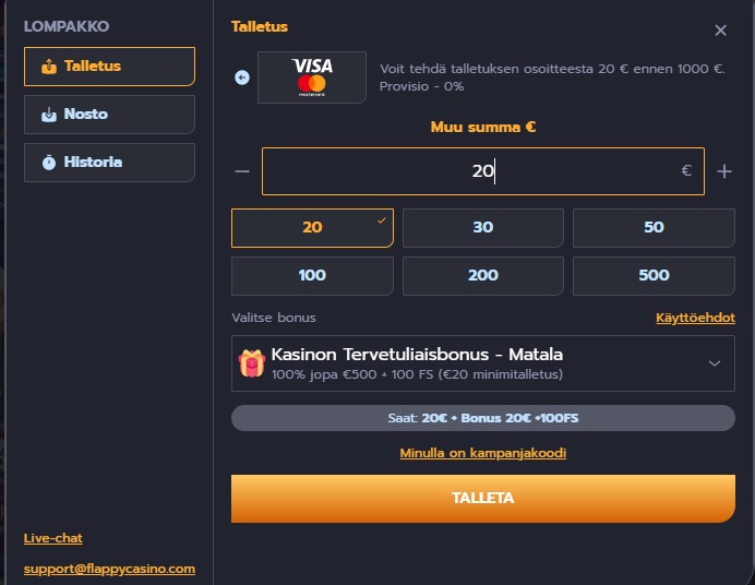 Flappy Casinon Visa-talletus, jossa 20 euron summa ja tervetulobonus valittuna.