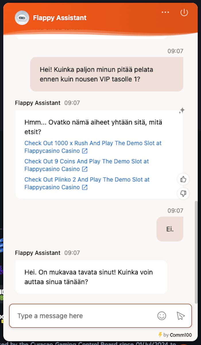 Flappy kasinolla asiakaspalvelija robotti lähettää linkkejä vastausten sijaan