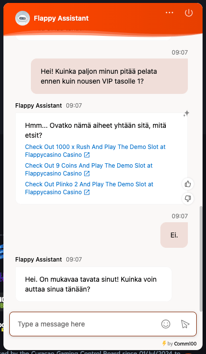 Flappy kasinolla asiakaspalvelija robotti lähettää linkkejä vastausten sijaan