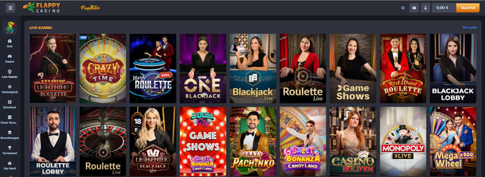 Flappy Casinon live-kasino, jossa Crazy Time, Lightning Roulette, Monopoly Live ja blackjack-pöytiä