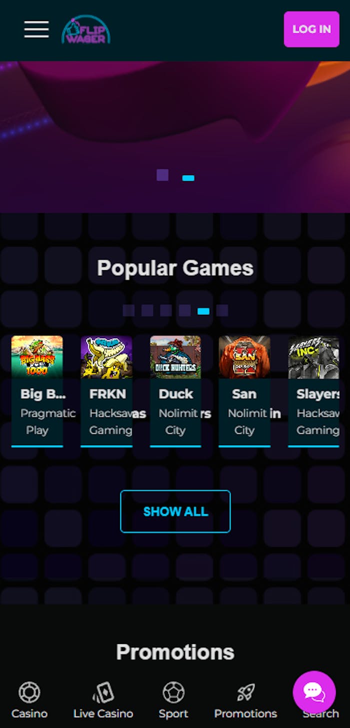 Flipwager casinon etusivu, jossa on suosituimpia pelejä ja päävalikko.