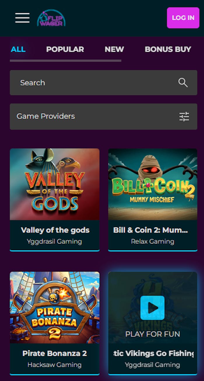 Flipwager casinon peliaula ja muutamia slotteja.