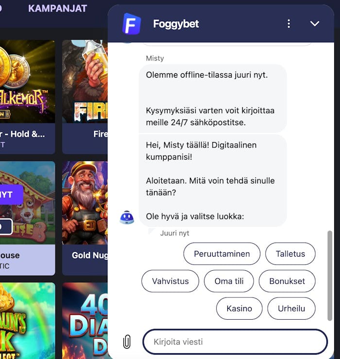 FoggyBet Casinolla vastaili chat-botti