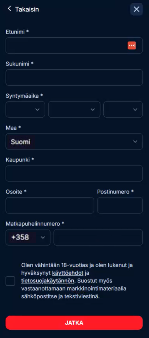 Kudos Betin rekisteröintilomake, jossa käyttäjältä pyydetään henkilötiedot, osoite ja puhelinnumero.