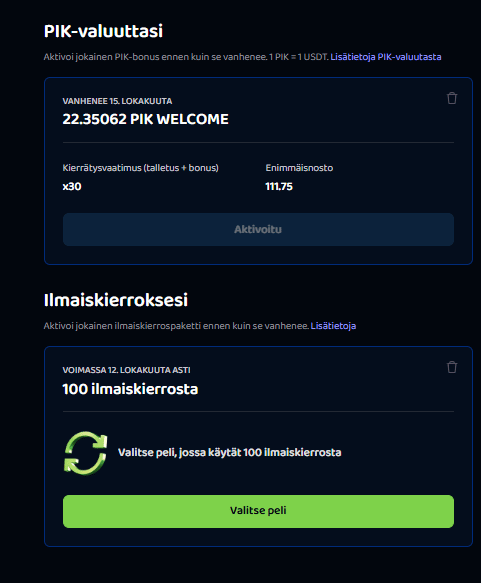 Pike Casinon PIK Welcome ja 100 ilmaiskierrosta -bonukset ensitalletusta vastaan.