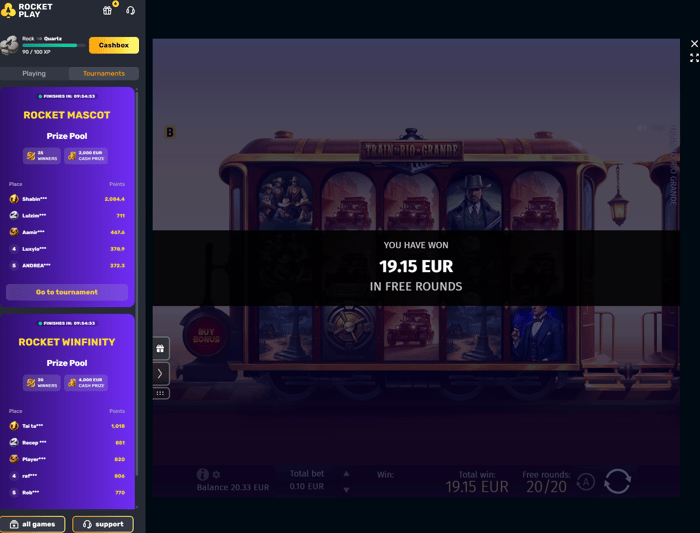 19,15 euron voitto Rocket play kasinon ilmaiskierroksilla.
