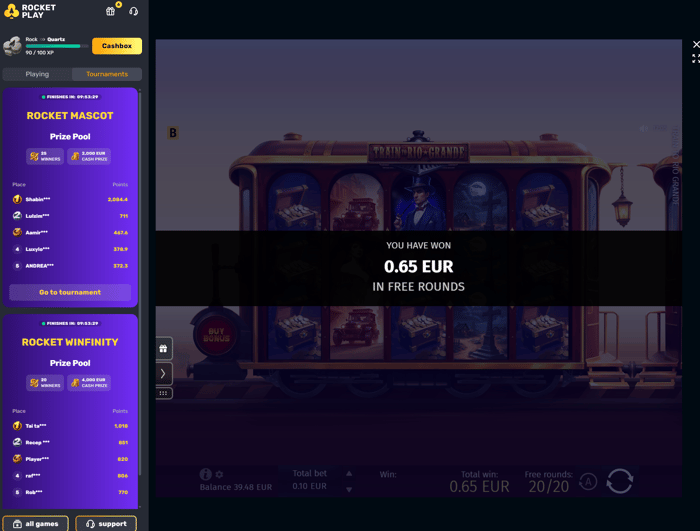 0,65 euron voitto Rocket Play -kasinon ilmaiskierroksilla.