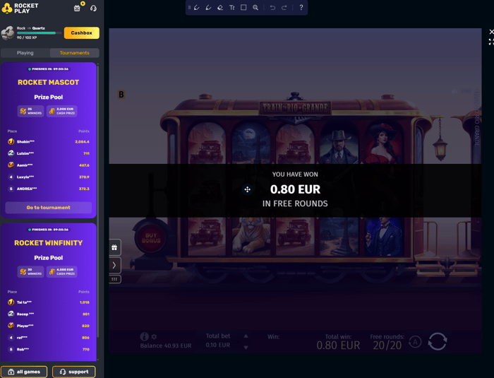 0,80 euron voitto Rocket Playn ilmaiskierrosbonuksella.