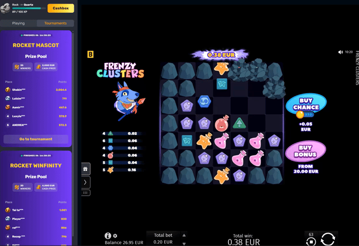 Frenzy Clusters peli 0,38 euron voitolla.