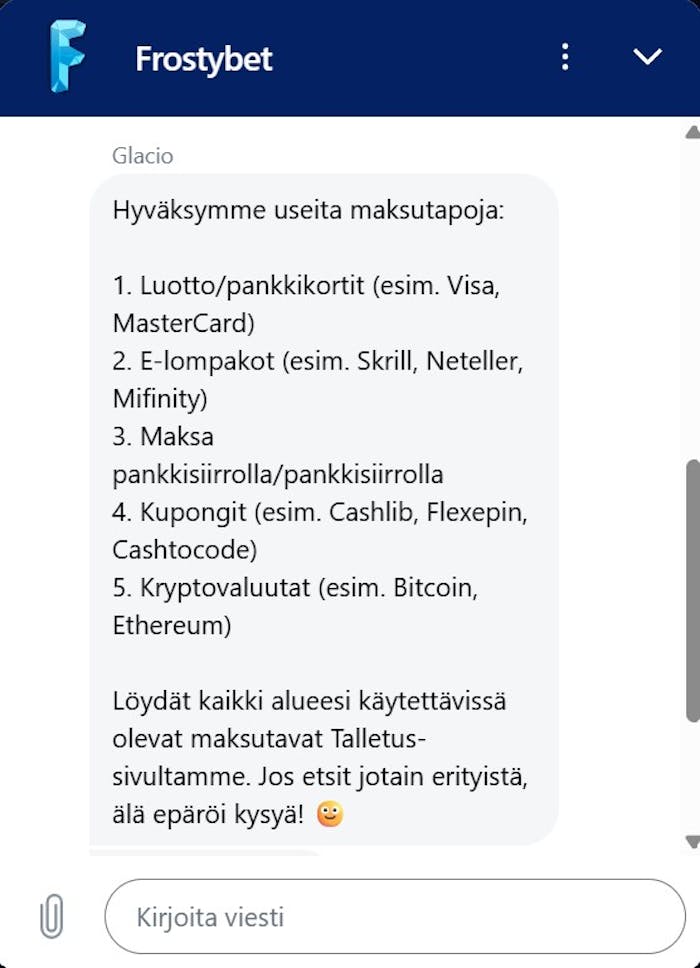 Frostybetin live-chatin vastaus maksumetodikysymykseen.