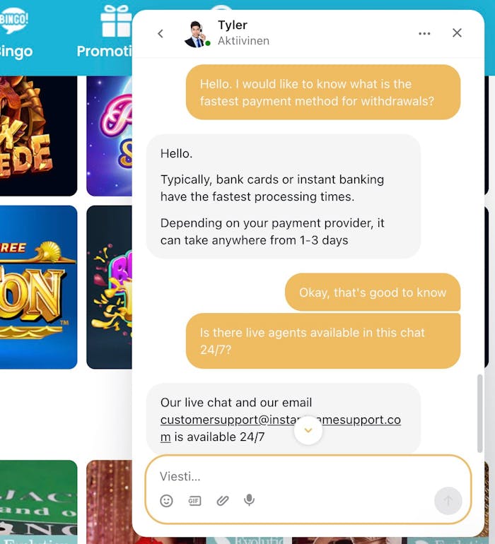 Keskustelu Fruity King Casinon live-chatissa