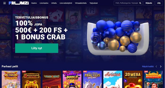 Frumzi Casinon etusivulla luvataan 100 % bonus 500 € asti, 200 FS ja 1 Bonus Crab.