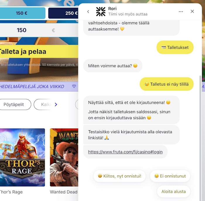 Keskustelu Fruta Casinon live-chatissa koskien muuttuneita ominaisuuksia