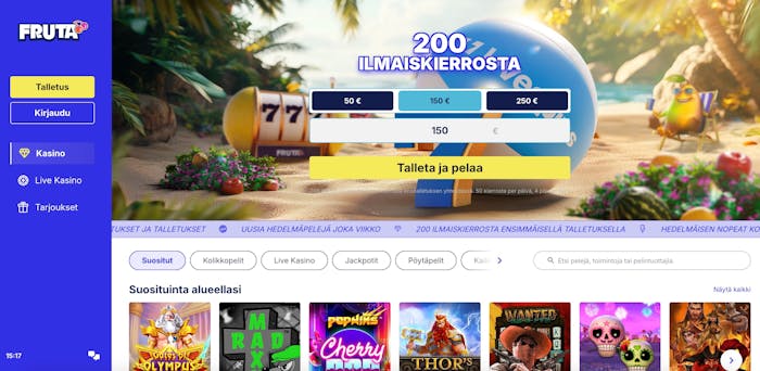 Fruta Casinon etusivu, jossa n?kyy p??valikko ja suosituimpia pelej?.