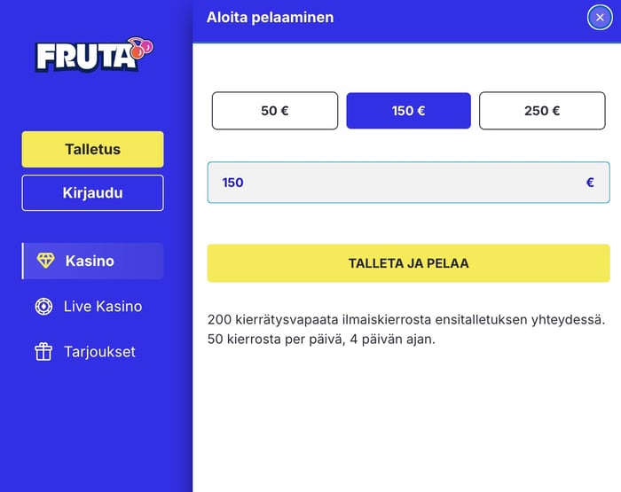 Talletuslomakkeelle pääsee heti Fruta Casinon etusivulta.
