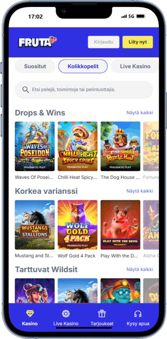 Fruta kasinon mobiilin?kym?n kuvakaappaus, jossa n?kyy k?ytt?liittym? ja pelivalikoima
