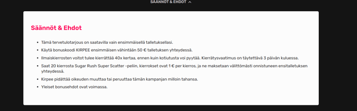 Kirpeen bonuksen säännöt ja ehdot.