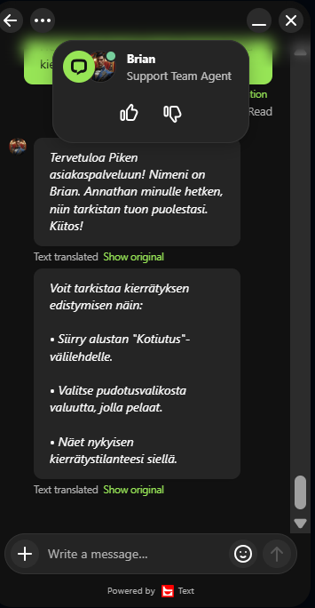 Live-chat kysymys kierrätyksen seuraamisesta Pike Casinolla.