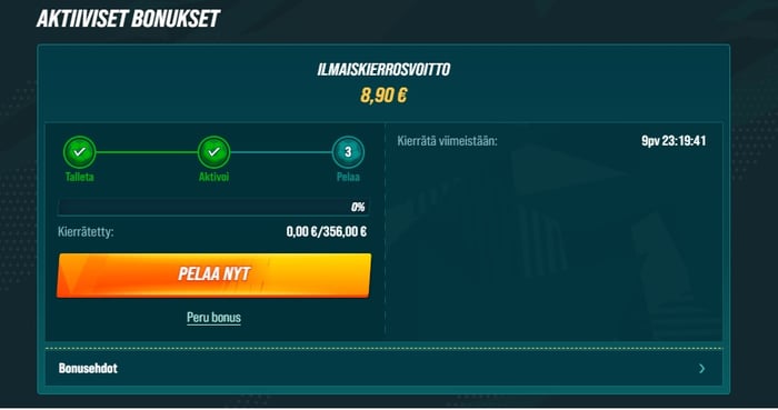 Aktiiviset bonukset -näkymä kasinolla, jossa näkyy 8,90 euron ilmaiskierrosvoitoksen 356,00 euron kierrätysvaatimus.
