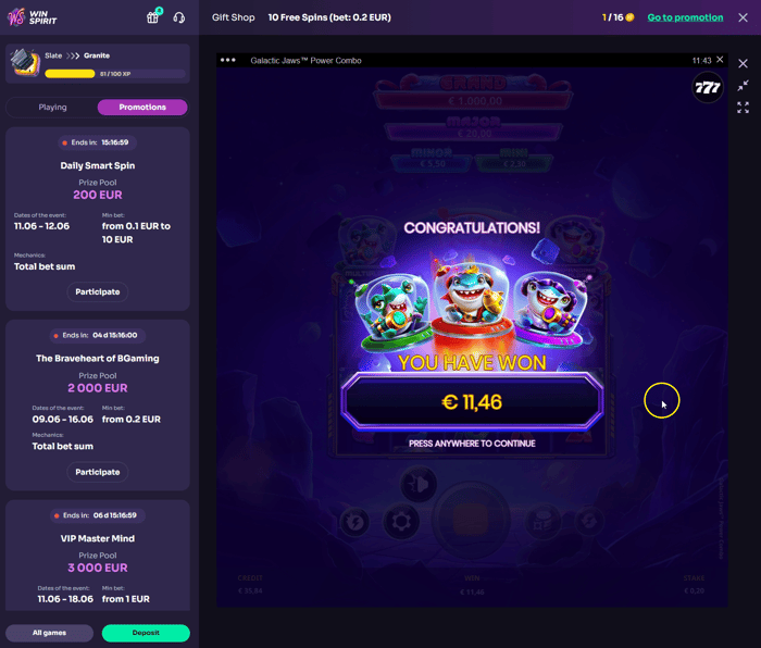 WinSpirit Casino Galactic Jaws Power Combo -pelin bonuskierrosvoitto 11,46 €, saldo 35,84 € ja panos 0,20 €.