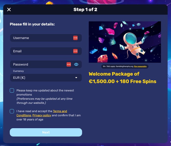 Galactic Wins Casinolle rekisteröidytään perinteiseen malliin lomakkeella.