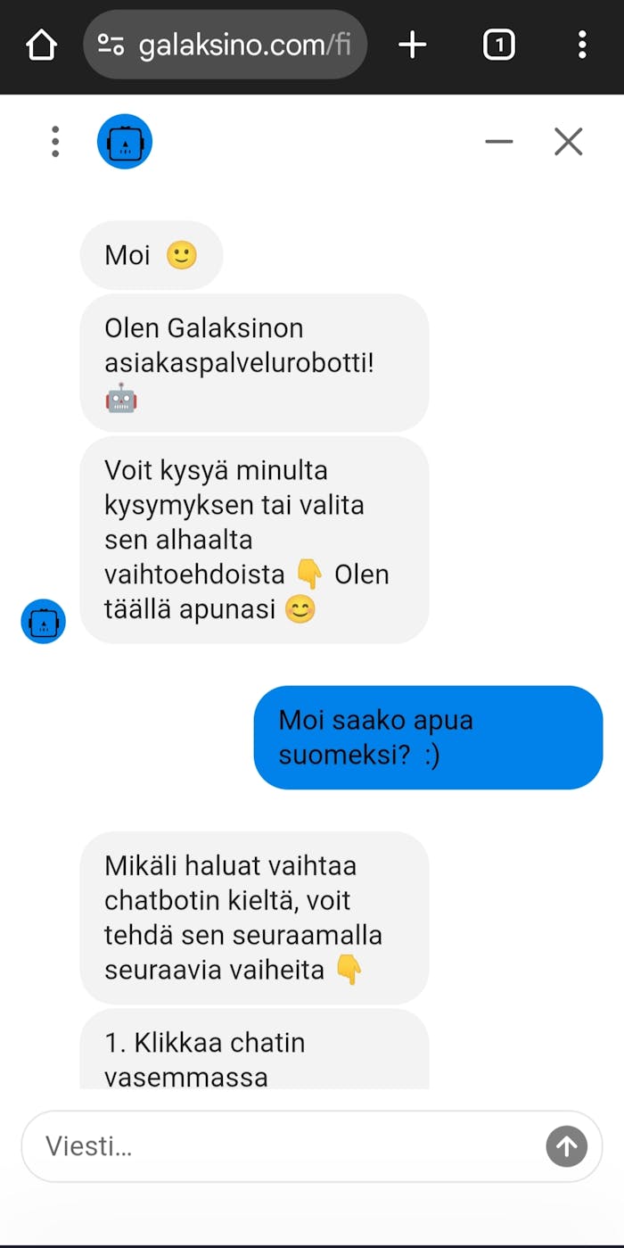 Galaksino kasinon live-chat, jossa vastauksen kirjoittaa suomeksi chatbot.