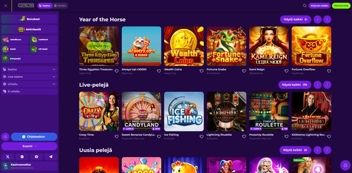 Gambloria Casino etusivu näyttää bonukset, live-pelejä sekä painikkeet sisään kirjautumiseen ja rekisteröitymiseen. 
