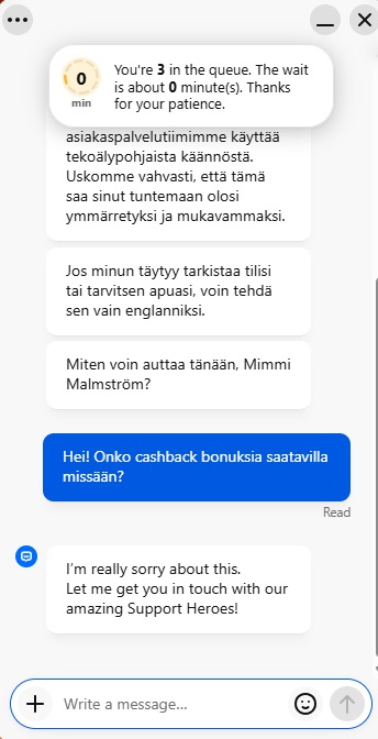 Gambloria Casino live chatissa vastaa botti, mutta odotusaika on 0 minuuttia.