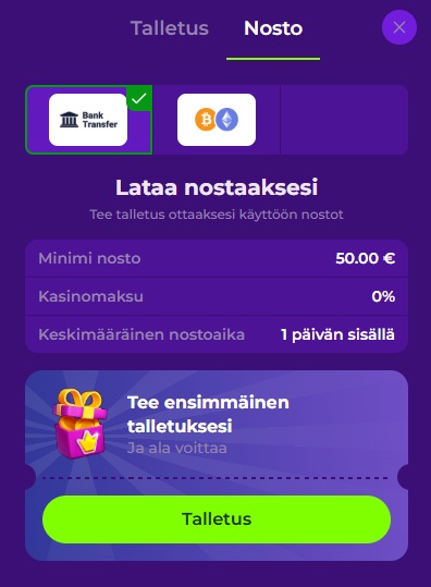 Gambloria Casino nosto tehdään pankkisiirrolla tai kryptovaluutoilla.
