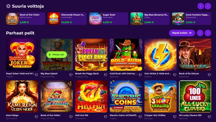 Gambloria Casinon pelivalikoima kattaa parhaat pelit, kuten Royal Joker, Hell Hot 100 ja Kami Reign.