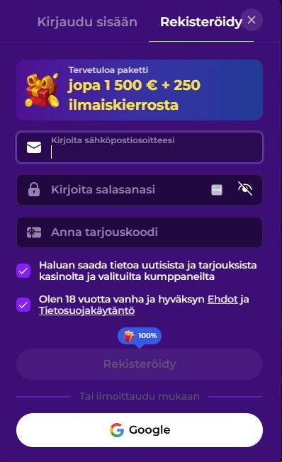 Gambloria Casinolla rekisteröinti tapahtuu lomakkeella tai Google-tilin tunnuksilla.