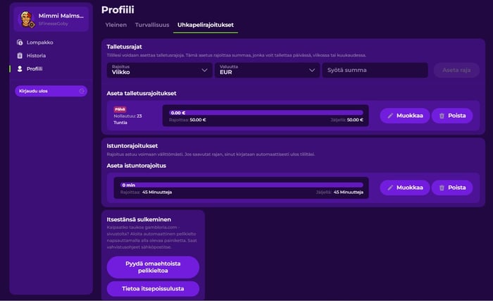 Gambloria Casinolla talletusrajat ja istuntorajoitukset aktivoidaan helposti omalta pelitililtä.