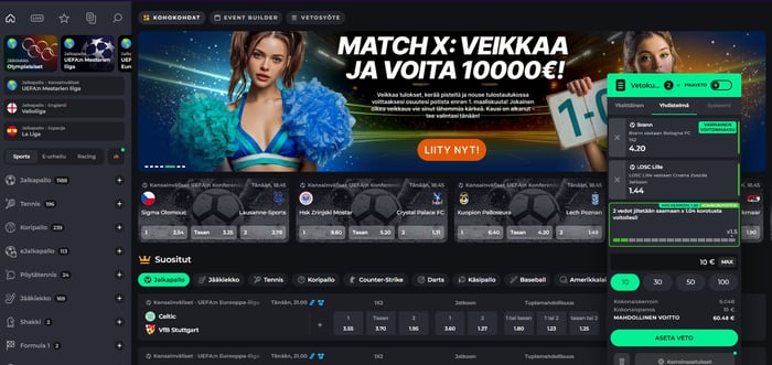 Gambloria Casinon vedonlyöntiosio kattaa useita kohteita jalkapallosta, tenniksestä, koripallosta ja jääkiekosta.