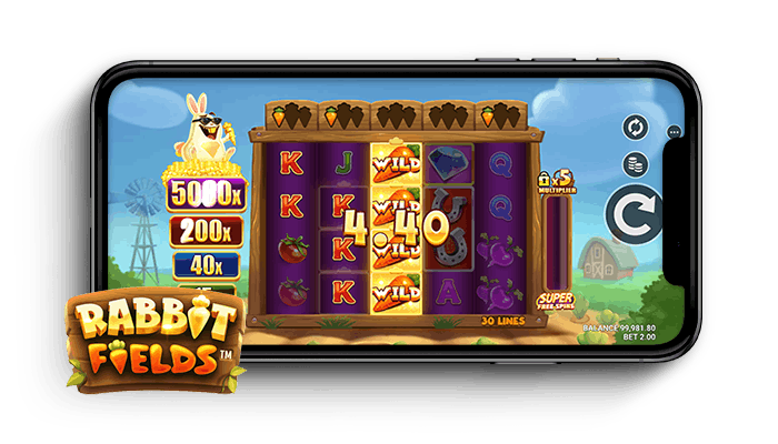 Rabbit Fields kolikkopelin ruudukko ja logo puhelimen näytöllä.