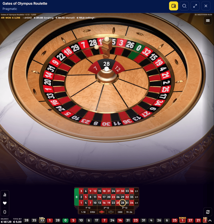 Fiesta Slotsin Gates of Olympus Roulette -peli, jossa näkyy 5 € panos ja 187,29 € saldo.