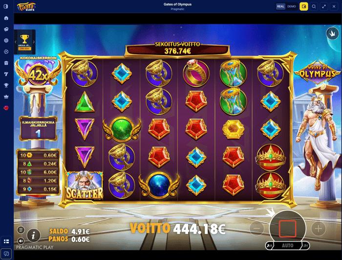Fiesta Slotsin Gates of Olympus -peli, jossa ilmaiskierroksilla näkyy 444,18 € voitto ja 42x kokonaiskerroin.