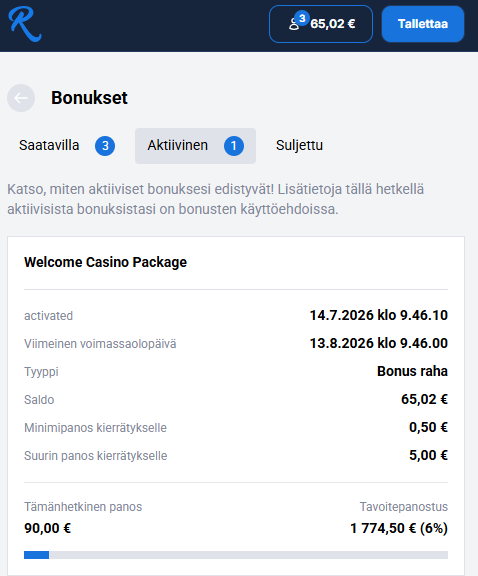 Kuvakaappaus kierrätysmittarin alkutilanteesta 90 eurossa.