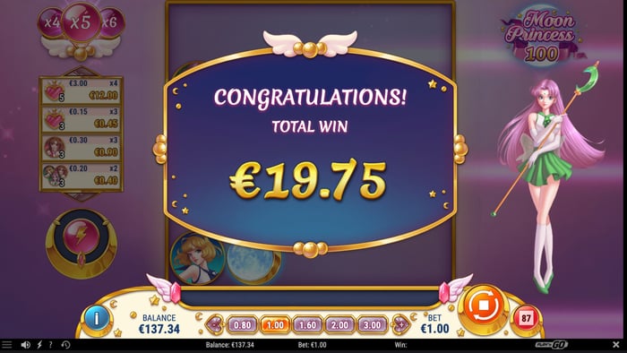 19,75 euron voitto Moon Princess 100 -pelistä.