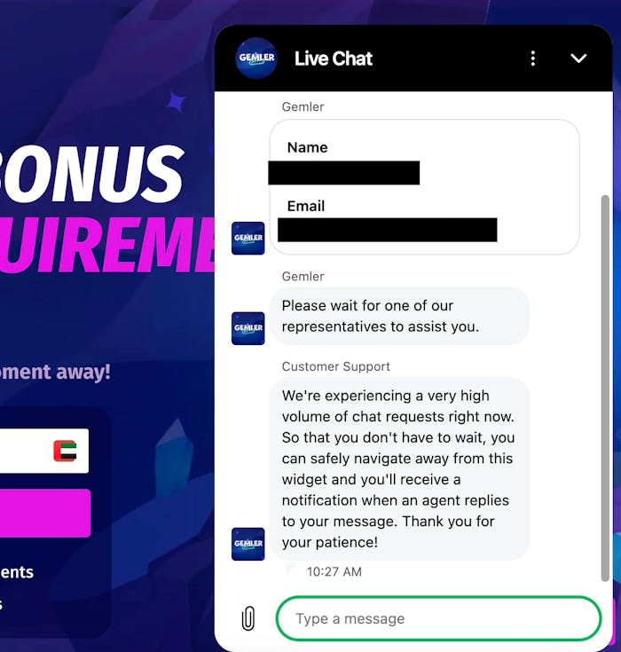 Keskustelu Gemler Casinon live-chatissa