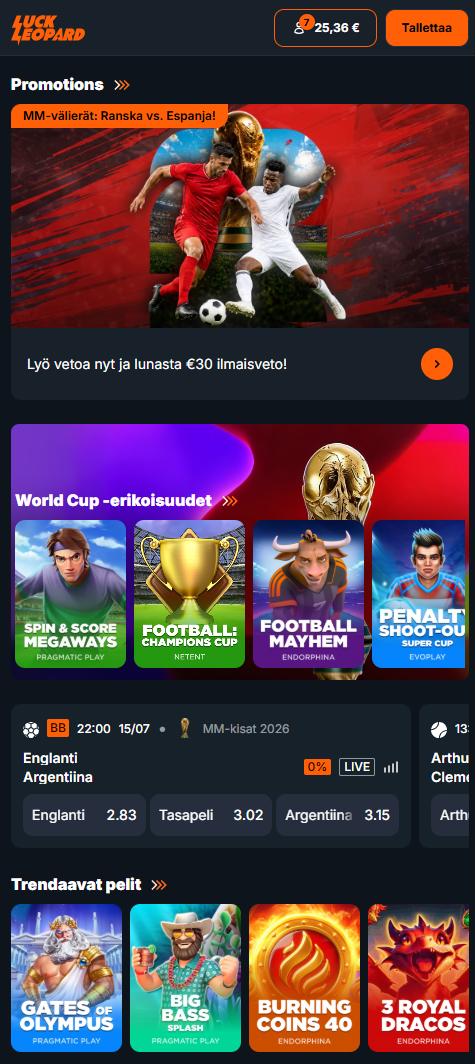 Luck Leopard Casinon etusivu tarjouksilla ja peliaulalla.