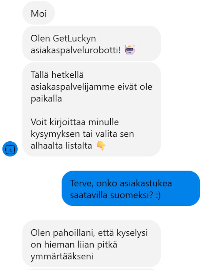 Get Luckyn asiakaspalveluchat, jossa robotti on vastaamassa kysymyksiin.