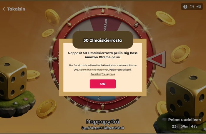 Tuurikasinon bonuspyörä, josta voittona 50 ilmaiskierrosta Big Bass Amazon X-treme -peliin.