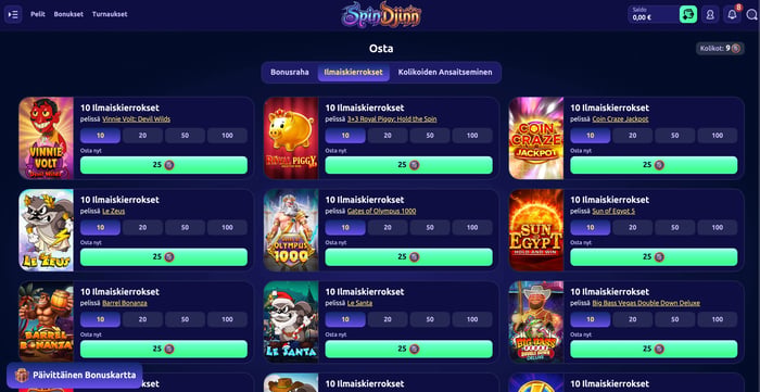 SpinDjinn Casinon bonuskauppa, josta voi ostaa muun muassa ilmaiskierroksia.