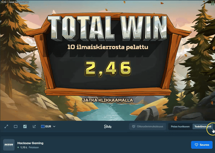 2,46 euron voitto Great Game Rockies -pelistä Stakella.