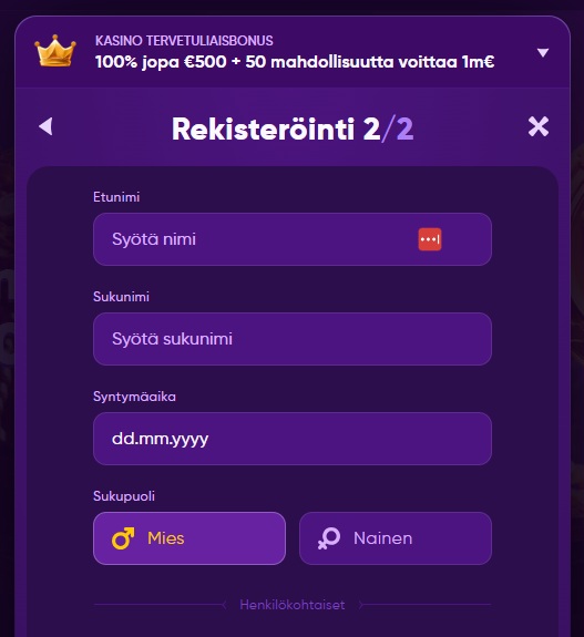 Kingmaker Casinon rekisteröinnin toinen vaihe, jossa pyydetään etu- ja sukunimi, syntymäaika sekä sukupuoli.