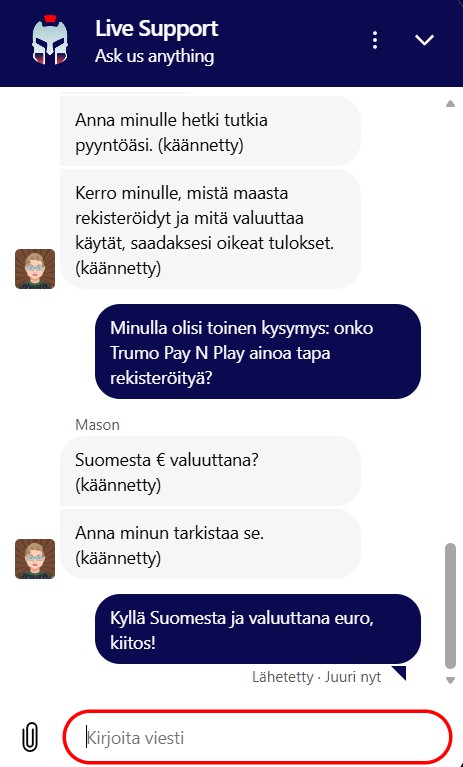 Gladiators Bet asiakaspalvelun tavoittaa chatista 24/7. Tukea tarjotaan suomeksi käännöstyökalun avustuksella.