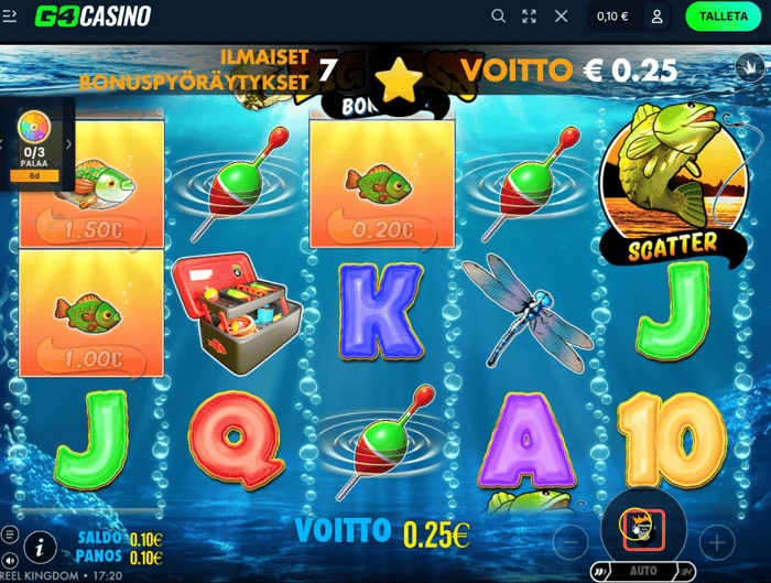 GO4 Casinon Big Bass Bonanza -pelissä 0,25 € voitto ilmaisten bonuspyöräytysten aikana.