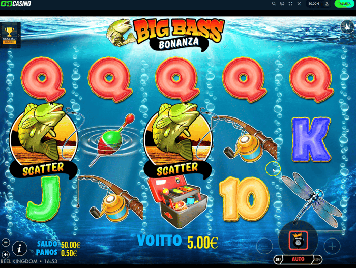 Big Bass Bonanza -pelissä saavutettu 5,00 € voitto ilmaiskierroksilla.
