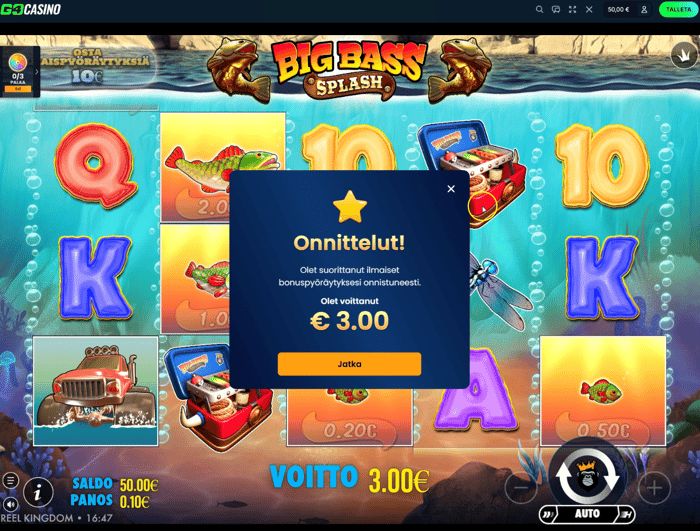 Go4 Casinon Big Bass Splash -pelissä 50 ilmaiskierrosta tuotti 3,00 euron voiton.