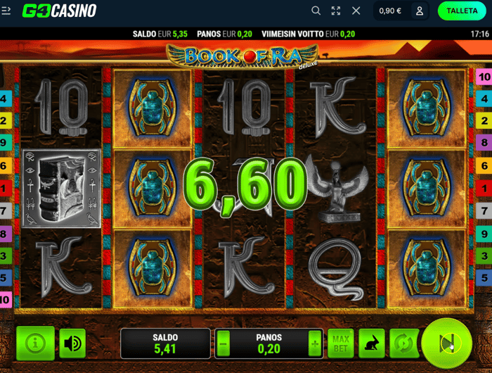 GO4 Casinon Book of Ra Deluxe -pelissä saavutettu 6,60 € voitto 0,20 € panoksella.